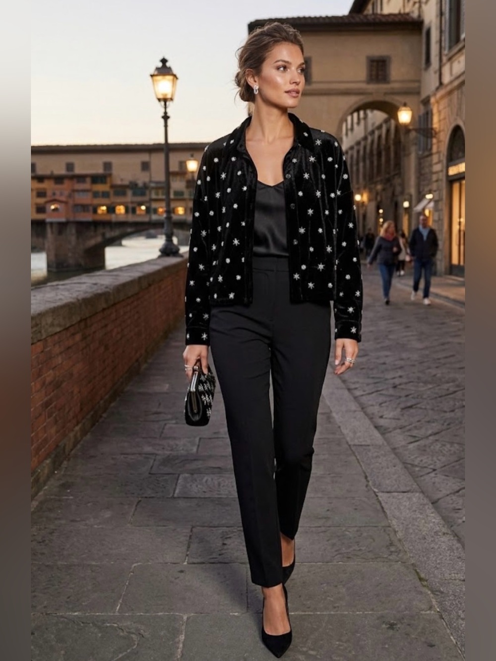 Chelsea & Violet Black Star-Embellished Velvet Bomber/cardigan.